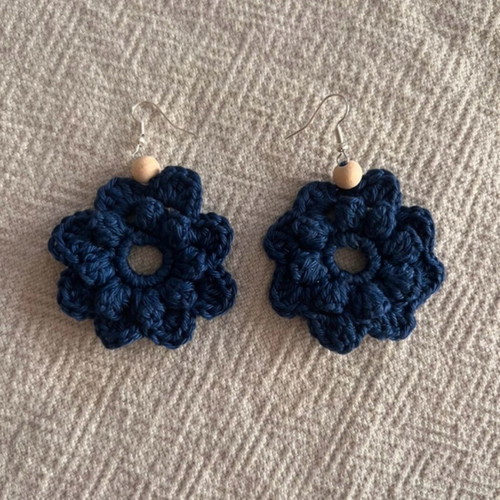 Handmade crochet flower-shaped earrings in navy blue