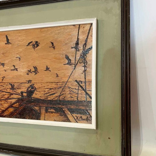 Vintage pyrography wall art with seabirds and artist signature, 49x55