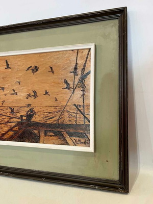Vintage pyrography wall art with seabirds and artist signature, 49x55