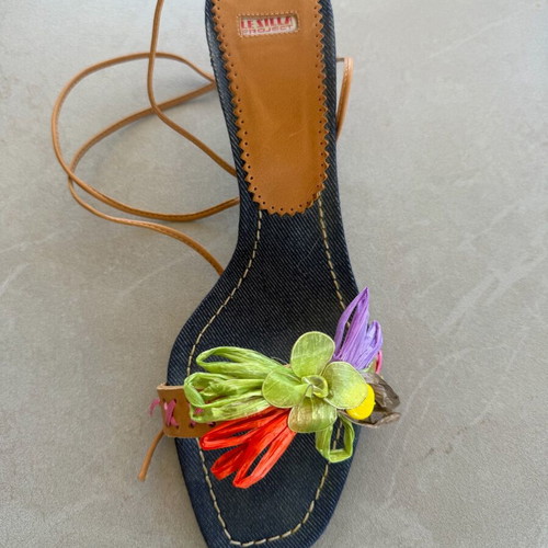 Le Silla Project Vintage Denim Raffia Flower Lace-Up Heels Size 38 like new