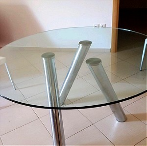inox μοντέρνο τραπέζι με κρύσταλλο ιταλικής κατασκευής 1,30χ1,30