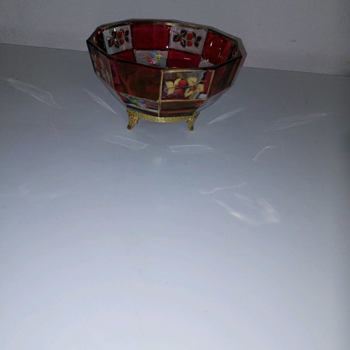 Vintage crystal bowl used 20×12cm with hand-painted flowers and bronze feet
