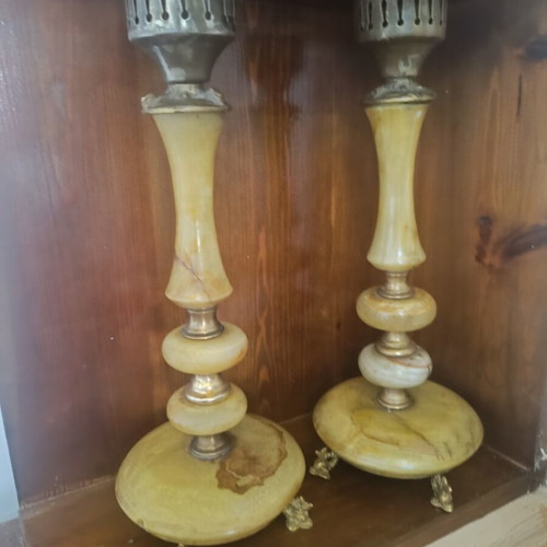 Decorative items used, copper and alabaster onyx set of four