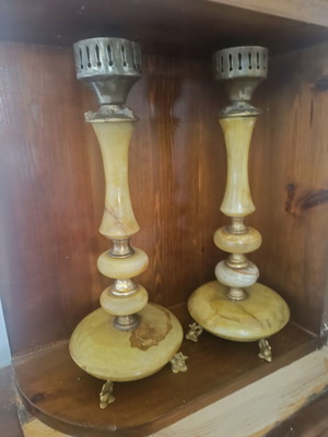 Decorative items used, copper and alabaster onyx set of four