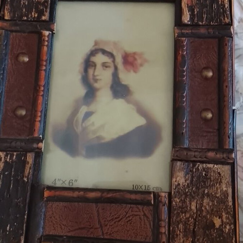 Vintage photo frames with wood, leather and brass