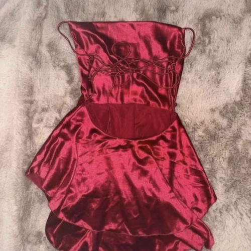 Red satin mini dress, adjustable straps, silky texture