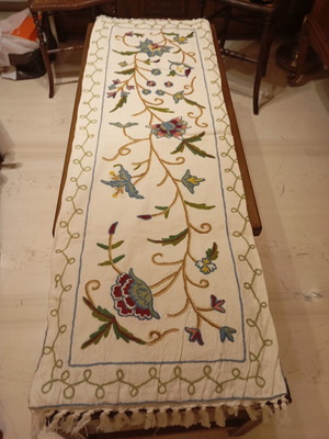 Suzani embroidered table runner with floral design and fringes, like new