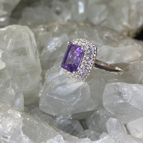 Silver ring with natural amethyst cut stone and moissanite, new