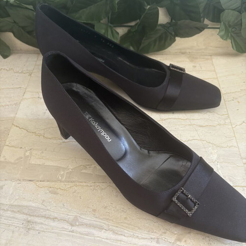 Kalogirou Black Satin Pumps size 38 like new with strass buckle