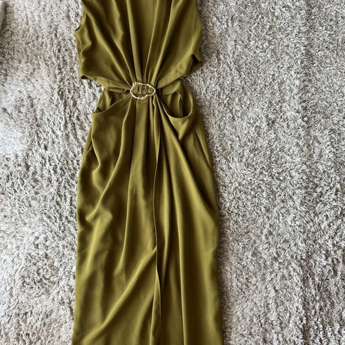 Trendyol long olive dress with gold buckle, size S
