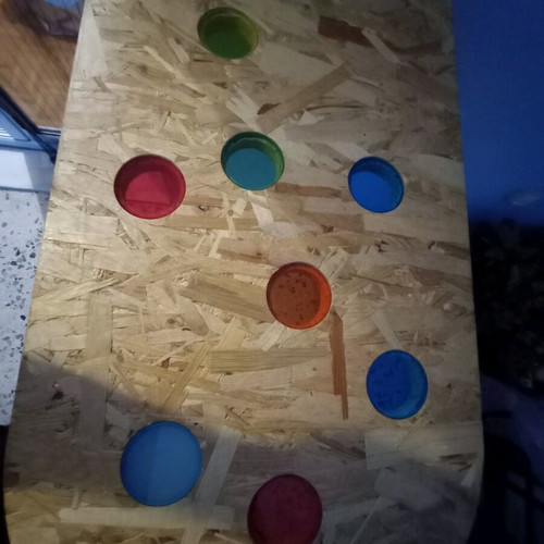 Handmade bar table like new with OSB wood surface and colorful inlays