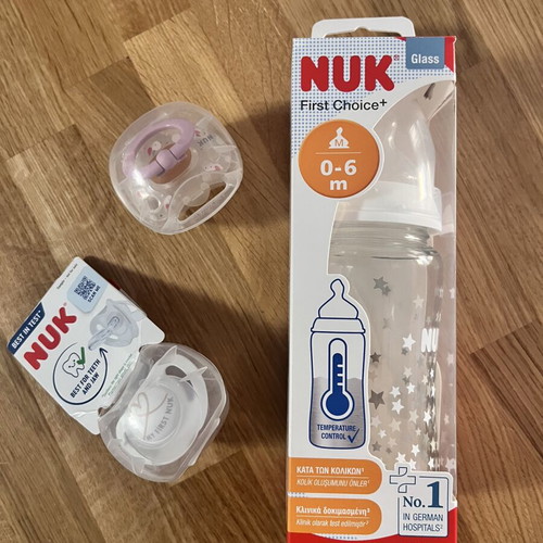 Nuk glass baby bottle and two pacifiers new