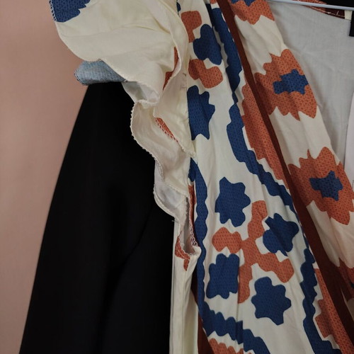 Shoko long summer dress with archaeological pattern, beige and blue
