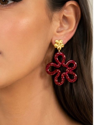 Handmade resin earrings with micro glitter in fuchsia red