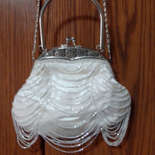 Evening shoulder bag white with beads, like new, silver details