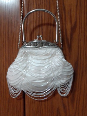 Evening shoulder bag white with beads, like new, silver details