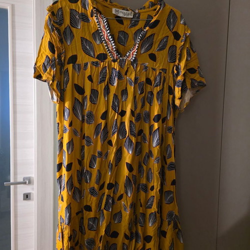 Moutaki dress used, mustard with floral and shape patterns, loose fit