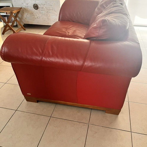 Italsofa leather armchair and 2-seater sofa, burgundy red