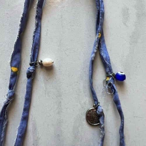 Necklace from denim fabric and beads new