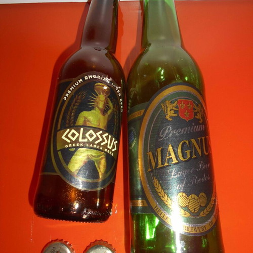 Colossus and Magnus beer bottles and caps used, set of 2 from Rhodian Brewery