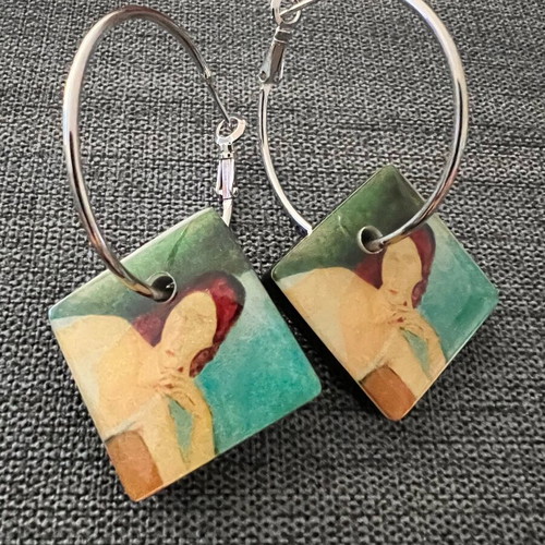 Art-Inspired Earrings Modigliani Portrait Design like new, silver hoops