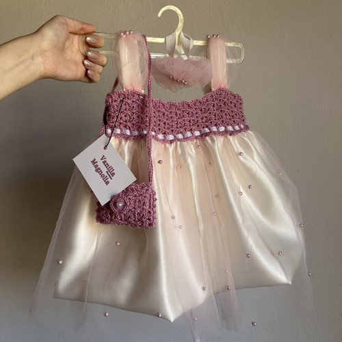 Vanilla Magnolia Boutique Baby Dress with Accessories, Handmade, New, 12-18 Months