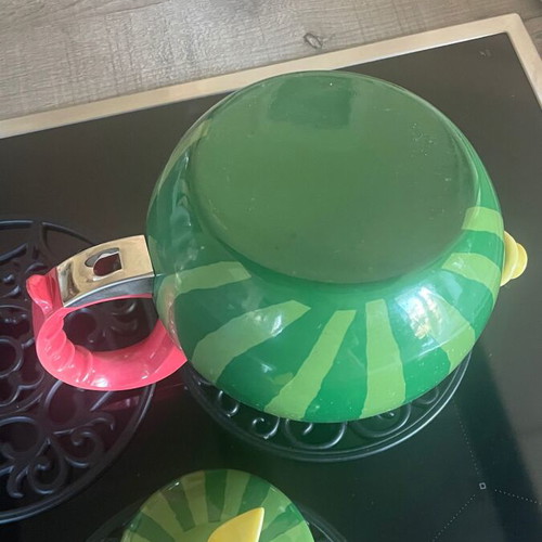 Enamel teapot 1.5 liters steel with whistle, watermelon design like new