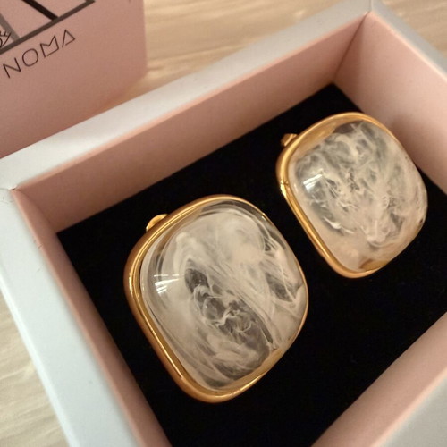 Stainless steel statement earrings, white and gold tone