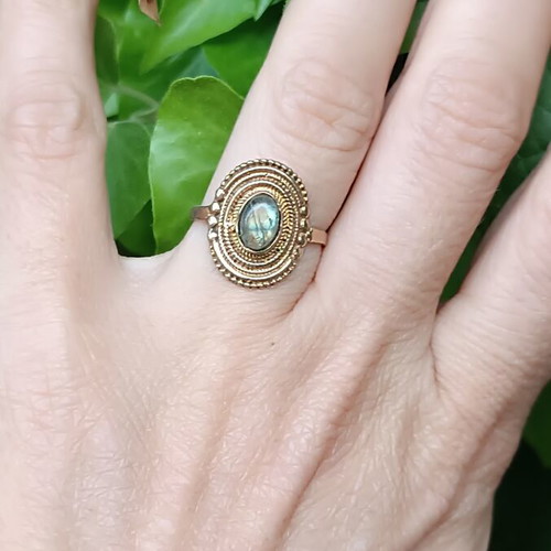 Vintage brass ring adjustable with genuine labradorite stone