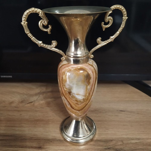 Decorative vintage amphora from onyx and brass like new, 23cm