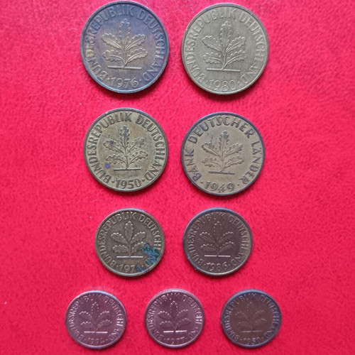 Lot of 10 coins of 1 mark and 10, 5 and 1 pfennig of Germany