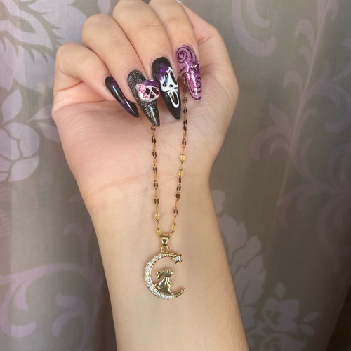 Necklace with bunny on moon and zircon new with steel chain