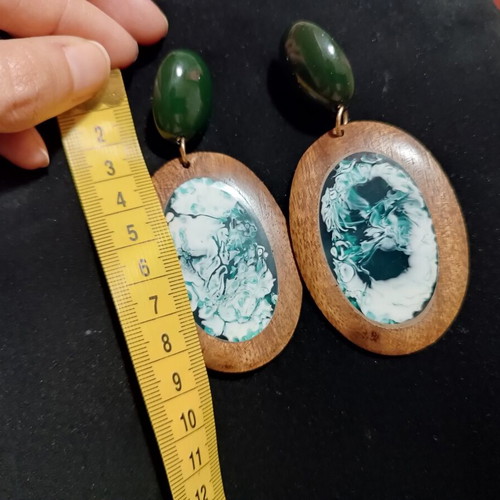 Statement earrings with wood and turquoise resin
