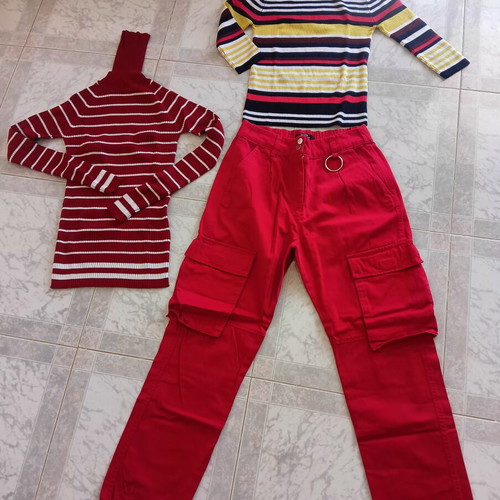 Bershka red pants and Zara colorful tops set, small