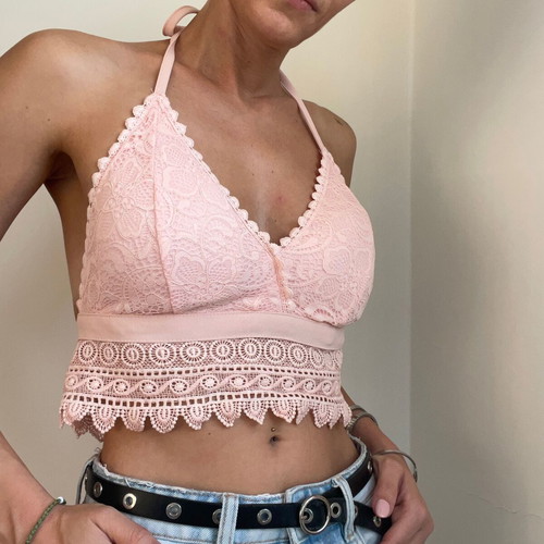 Boho Pink Lace Crop Top Halter Neck Backless Like New