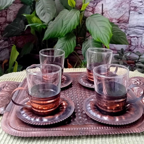 Vintage tea set like new, copper imitation with 4 cups and saucers