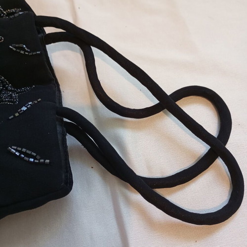 Vintage hand-beaded black evening shoulder bag with silver stars