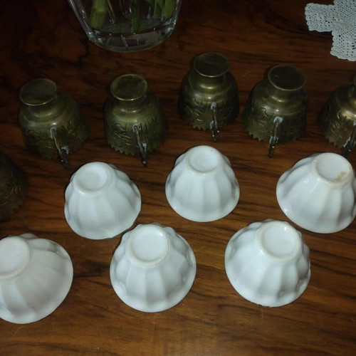 Vintage brass cups with porcelain used, set of 6 pieces