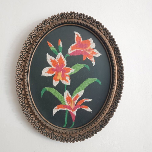 Vintage handmade cross-stitch frame with flowers used, 30×36 cm