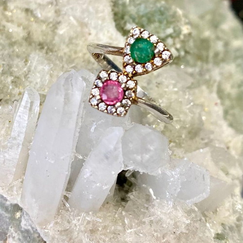 Handmade silver ring with natural pink tourmaline, emerald and moissanite