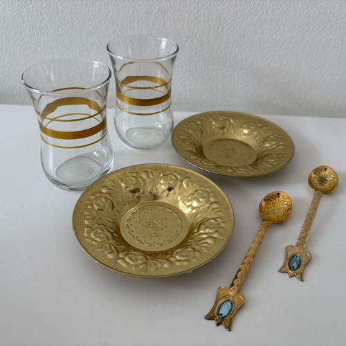Turkish metal tea set in gold tone like new