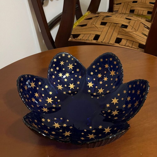 Two blue glass bowls like new, decorative and ribbed