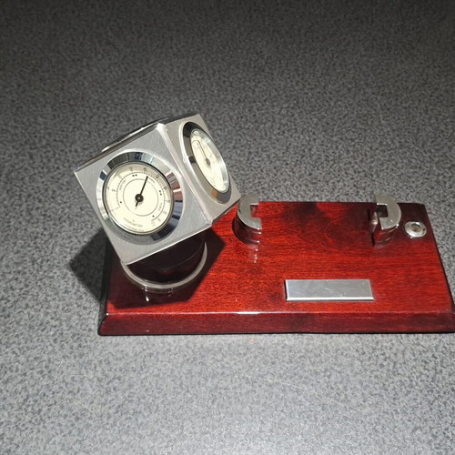 Vintage office set with rotating cube clock, thermometer & hygrometer on wooden base like new