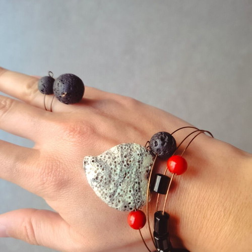 Jewelry set bracelet and ring from volcanic stones like new