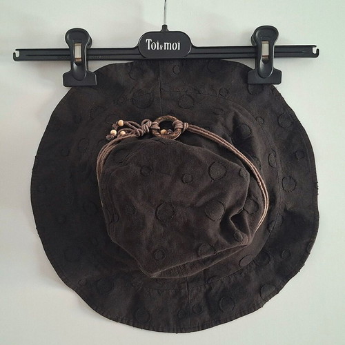 Black summer hat with brown decorative details, cotton