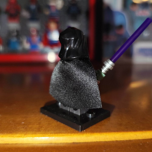 Pab Solitus figure like new with base, two purple lightsabers, black cape, chain