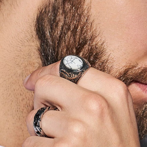 Men's steel ring with howlite new