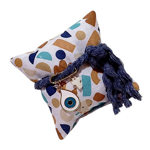 Baby amulet pillow white printed with pin, eye charm and cross