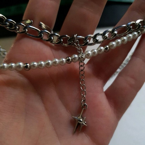Double Layered Pearl Necklace with Stainless Steel Chain and North Star Pendant like new
