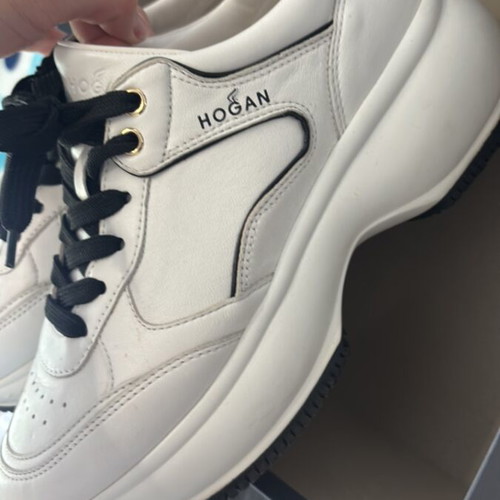 Hogan white leather sneakers with black and gold details, size 39.5